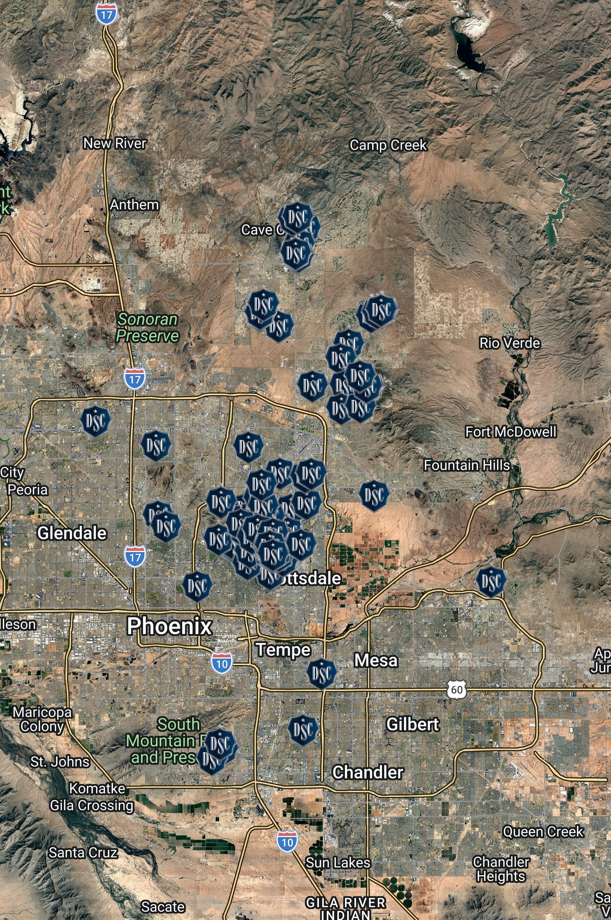 Desert Star Concierge service area map — northeast Phoenix Valley including Scottsdale, Paradise Valley, Carefree, and Cave Creek